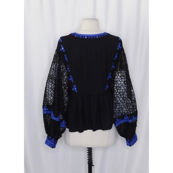 FREE PEOPLE Boogie All Night Balloon Lace Sleeve Top Blouse Embroidered Small - Picture 11 of 15